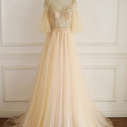 Elegant A-line Beaded Tulle Formal Prom Dress,..