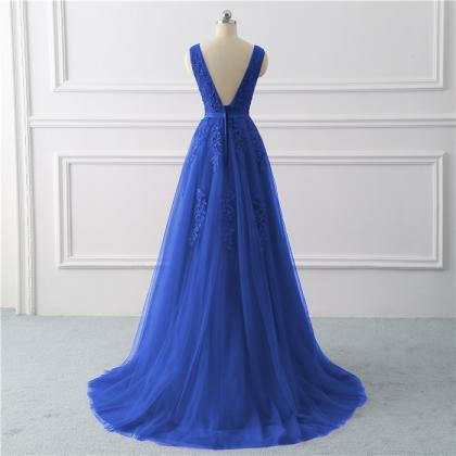 Elegant A-line V-neckline Tulle Formal Prom Dress,..