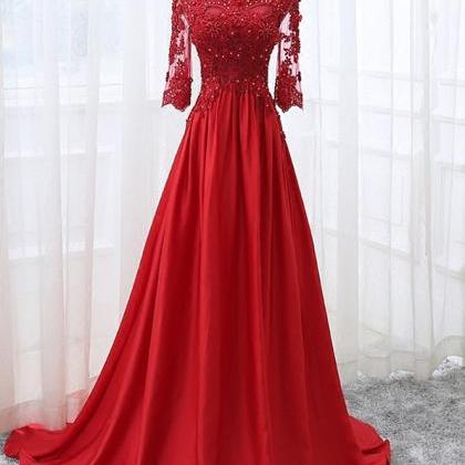 Elegant Satin And Lace 1/2 Sleeves Formal Prom..