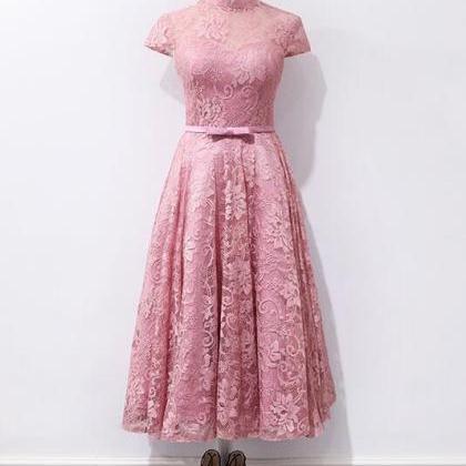 Elegant A-line Lace Tea Length Formal Prom Dress,..