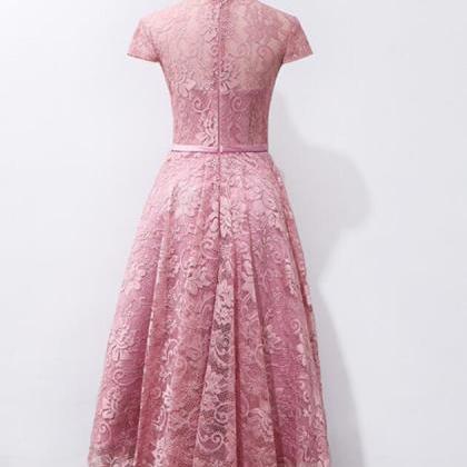 Elegant A-line Lace Tea Length Formal Prom Dress,..