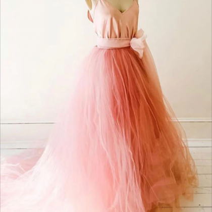Simple v neck pink tulle long prom dress pink formal dress