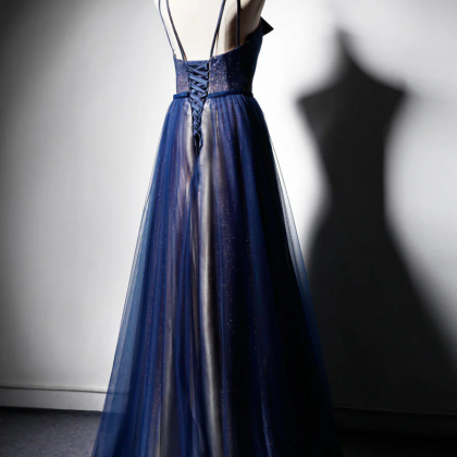 Dark Blue Tulle Long Evening Prom Dress for Women Beautifully Designed