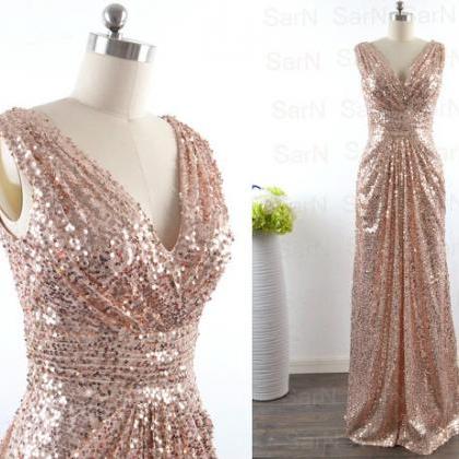 Sequin Lace V Neck Sexy Mermaid Gold Prom Dress..