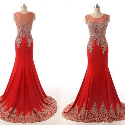Scoop Appliques Lace Gold And Red Mermaid Chiffon..
