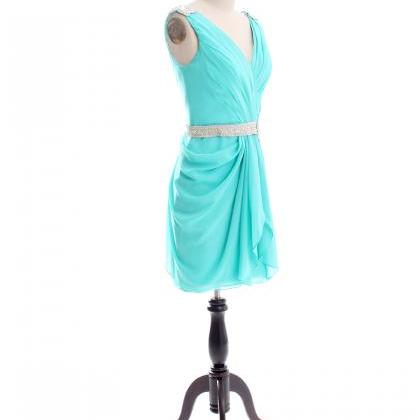 Fashion Belt Dress Mint V-neck Prom Dress Evening..