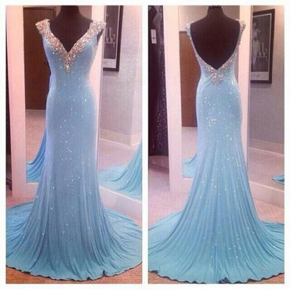 Sequins Prom Dress Long Prom Dress Blue Prom Dress..