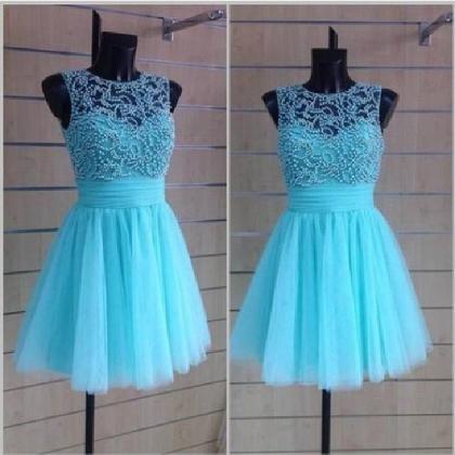 Blue Tulle Knee Length Prom Dresses With Beadings..