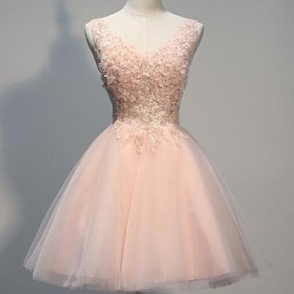 Appliques Homecoming Dress V-neck Prom Dress Pink..