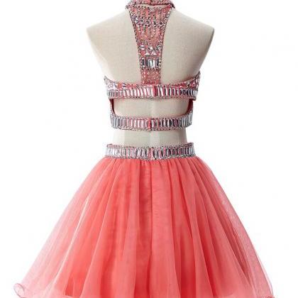 Halter Homecoming Dress Tulle Prom Dress Coral Red..