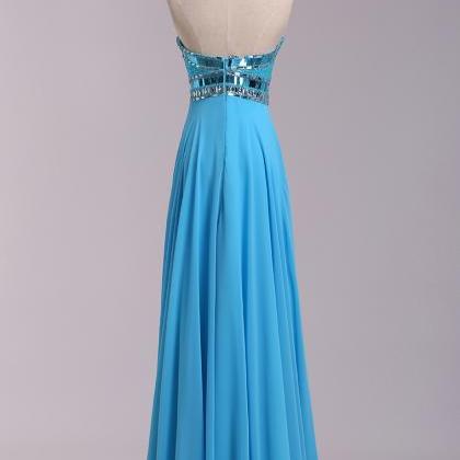 Sweetheart Long Dress Prom Beaded Blue Chiffon..