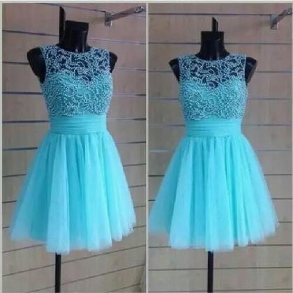 Mint Tulle Dress With Pearl,o-neck Sleeveless Knee..