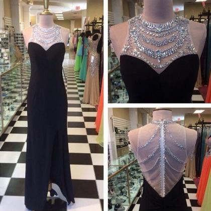 Black Jewel Neck Prom Dresses Actual Image Sliver..