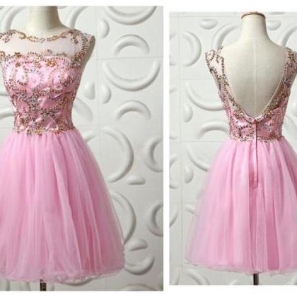 Jewel Neck 2017 A Line Pink Beaded Homecoming..