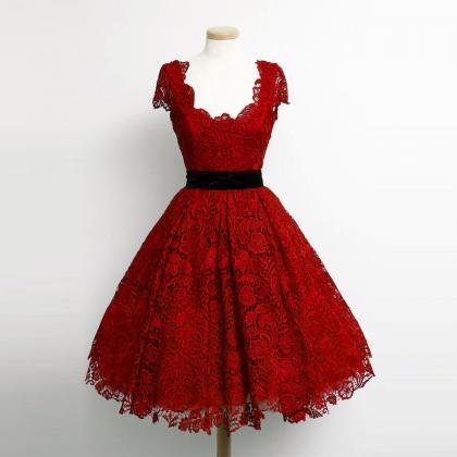 Charming Dark Red Lace Cap Sleeve P..