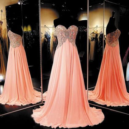 Long Chiffon Coral Prom Dress Elegant Prom Dresses..