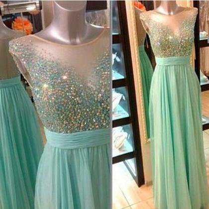 Mint Green Illusion Neckline Beaded Prom Dress..