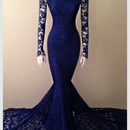 Navy Blue Lace High Neck Mermaid Evening Gown With..