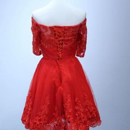 Homecoming Dress Half Sleeve Red Lace Short..