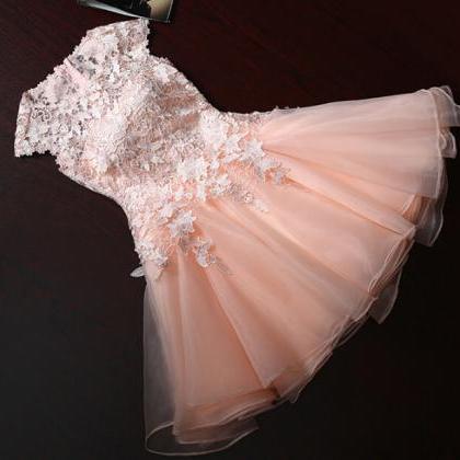 Pretty Cute Short Tulle Pink Prom Dress With Lace..