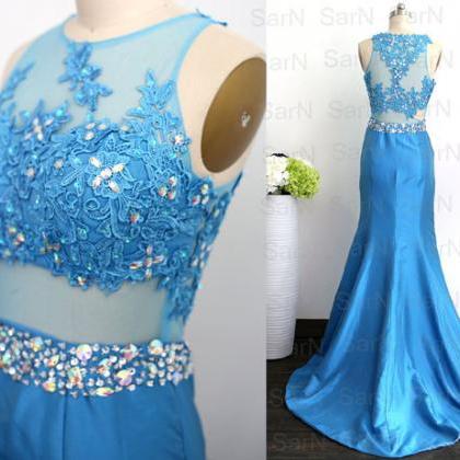 Mermaid Taffeta Blue Prom Dresses Sexy Gown Lace..
