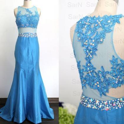 Mermaid Taffeta Blue Prom Dresses Sexy Gown Lace..
