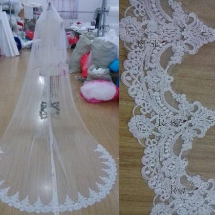 Lace Applique Wedding Veil Cathedral Long Comb..