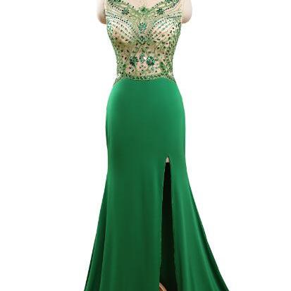 Green Prom Dresses,beaded Evening Dress,backless..