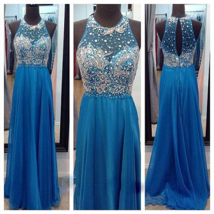 Crystal Prom Dresses, Blue Evening Dress, Chiffon..