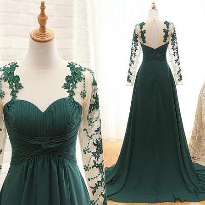 Handcrafted Long-sleeved Dress Pleated Dark Green..