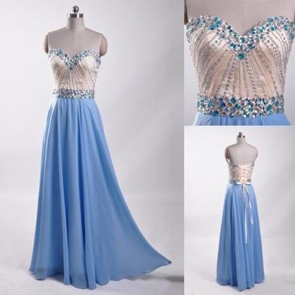 Classic Blue Beaded Prom Dress Formal Party..