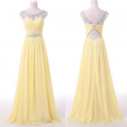 Yellow Bateau Neckline Chiffon Floor-length Dress..