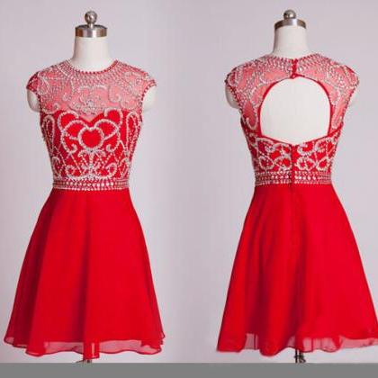 Red Chiffon Beaded Cap Sleeves Cocktail Dress..