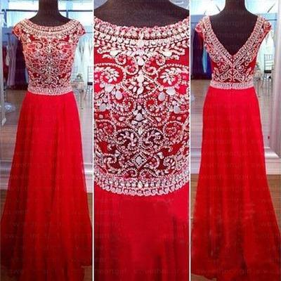 Red Chiffon Boat Neck Cap Sleeve Beaded A Line..