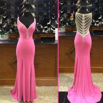 Pink Prom Dresses,backless Evening Gown,mermaid..