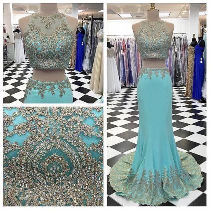 2 Piece Prom Gown,two Piece Prom Dresses,blue..