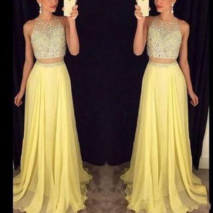 2 Piece Prom Gown,two Piece Prom Dresses,yellow..