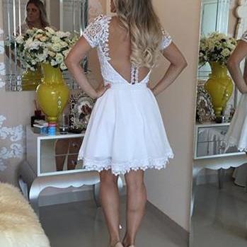White Causal Homecoming Dress,lace Prom..