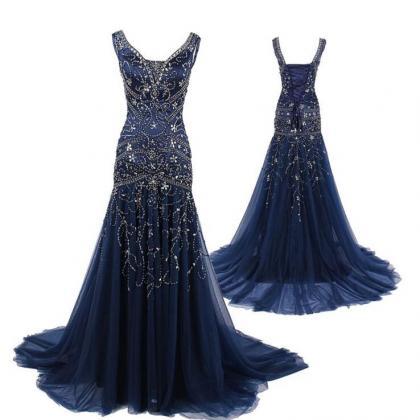 Navy Blue Prom Dresses,v Neckline Prom Dress,sexy..