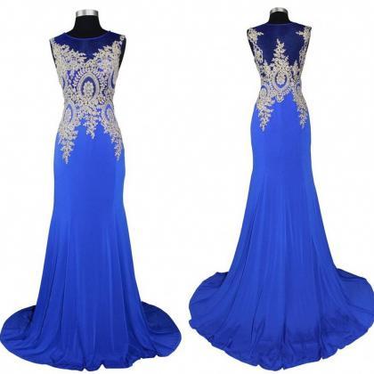 See Through Back Blue Evening Dress With Gold..