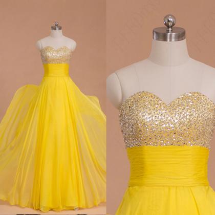 Beaded Yellow Chiffon Long Prom Dresses Evening..
