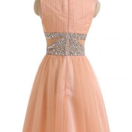 Simple A-line Jewel Peach Tulle Homecoming Dress..