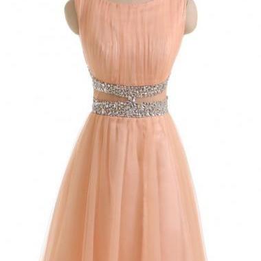 Simple A-line Jewel Peach Tulle Homecoming Dress..