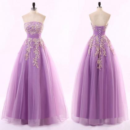 Purple Strapless A-line Tulle Long Prom Dress With..