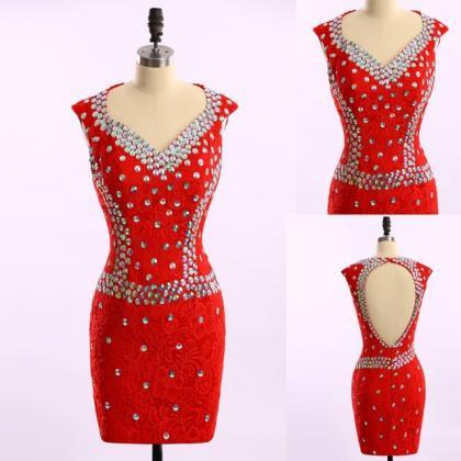 Elegant Beaded Rhinestone Red Short Prom Dresses..