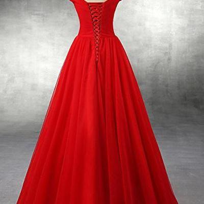 Sexy A-line Red Floor Length Tulle Promdresses..