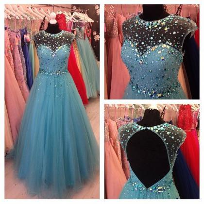 Beadings Backless Tulle Prom Dress,blue Prom..