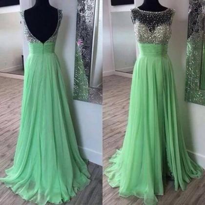 Green Backless Prom Dress,beaded Prom..