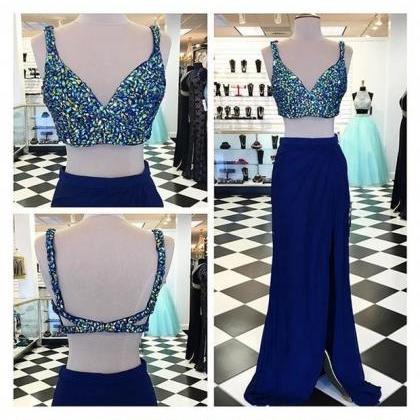 Two Piece Prom Dress,beading Prom Dresses,long..