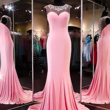 O-neck Prom Dress,pink Prom Dresses,long Evening..